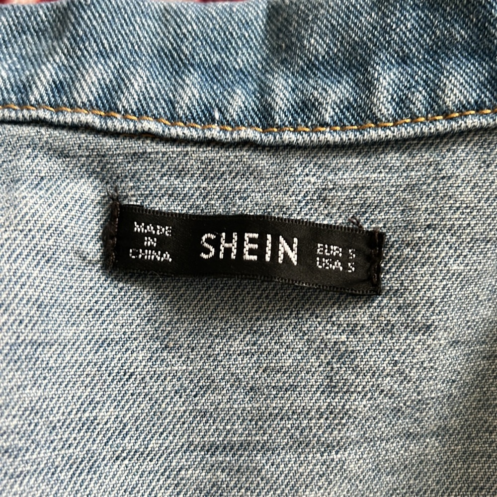 SHEIN Blue Denim Jacket with Multicolor Knit Sleeves - Picture 6 of 7